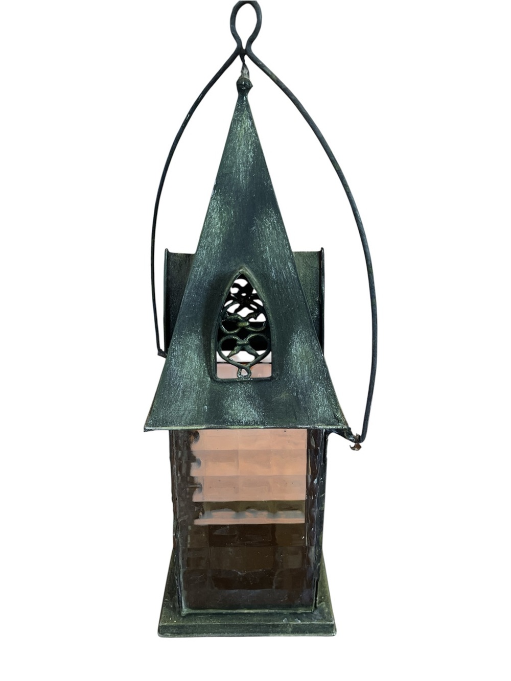 Decorative Green Metal and Glass Cathedral Style 12”H Lantern Filigree Detailing - Picture 4 of 15